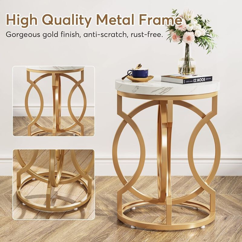 Tribesigns Round End Table, Modern Bedside Table with Faux Marble Top, Nightstand and Side Table for Living Room and Bedroom, Small Sofa Table with Curved Gold Metal Legs image number 3