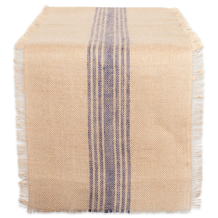 14" x 108" Brown and French Blue Middle Stripe Border Burlap Table Runner