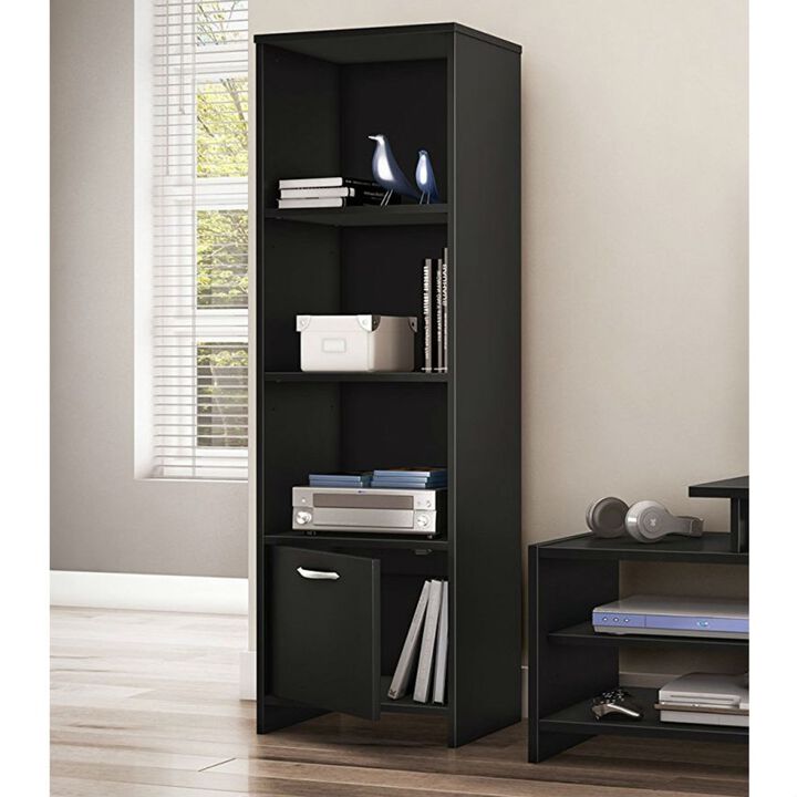 QuikFurn Modern Bookcase with 3 Shelves & Bottom Door in Black