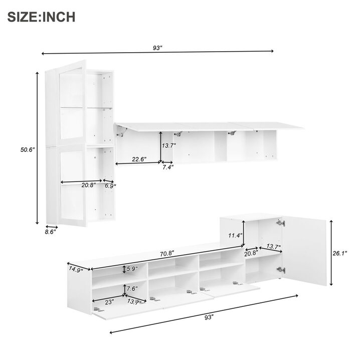 High Gloss TV Stand with Ample Storage Space, Media Console for TVs Up to 75", Versatile Entertainment Center with Wall Mounted Floating Storage Cabinets for Living Room, White
