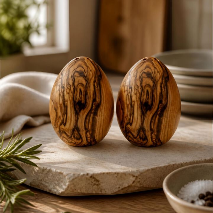 Olive Wood Egg-Shaped Salt & Pepper Shakers (Set of 2) &ndash; Wooden Spice Dispenser Set