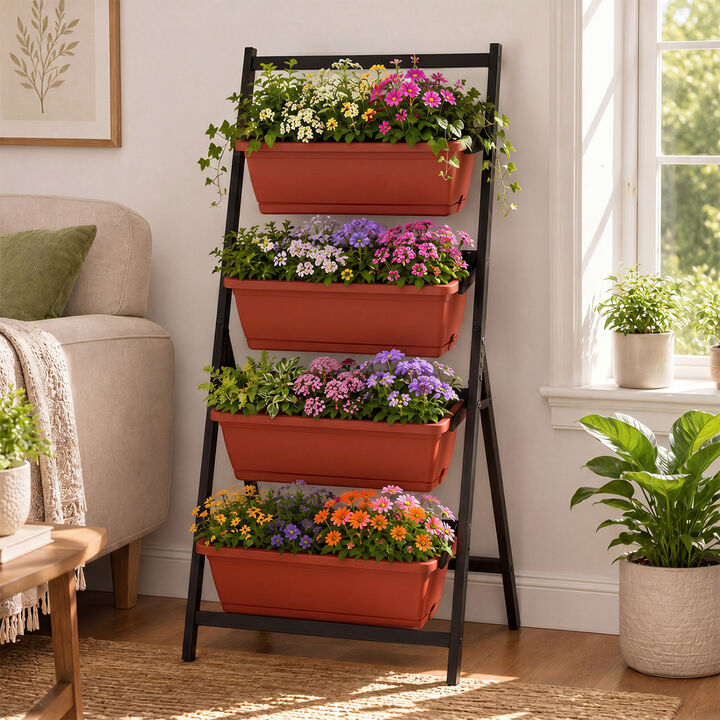 4-Tier Vertical Garden Planter with Drainage and Storage Pots