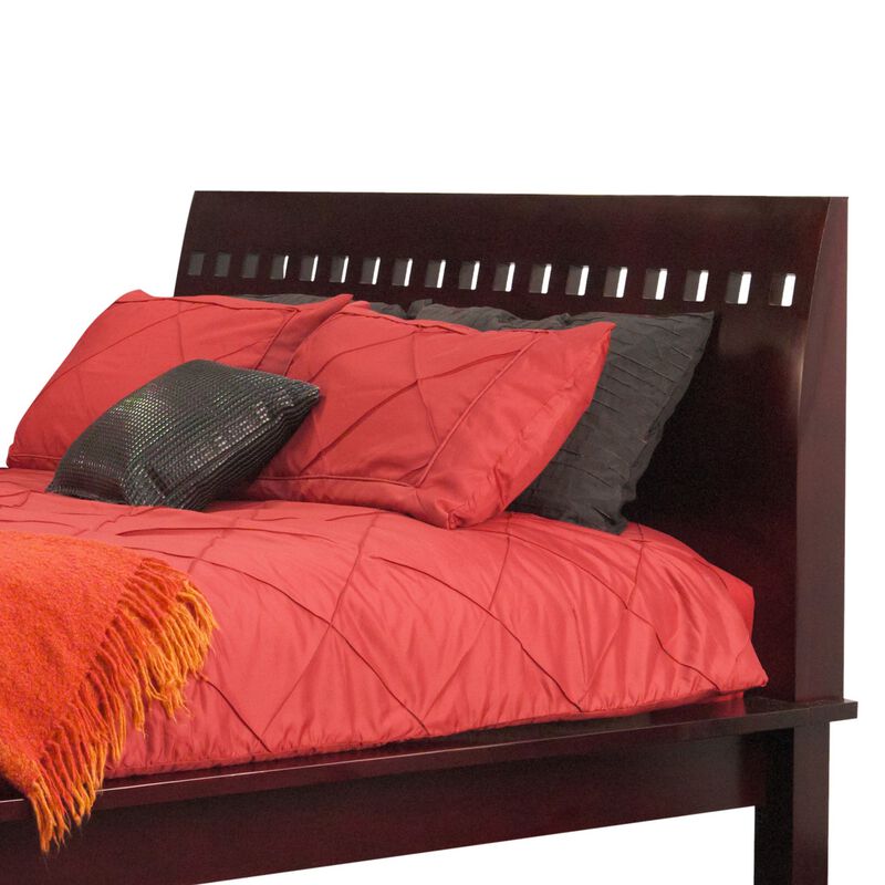 Mox King Platform Bed, Espresso Brown Wood, Cut Out Headboard, Block Legs - Benzara