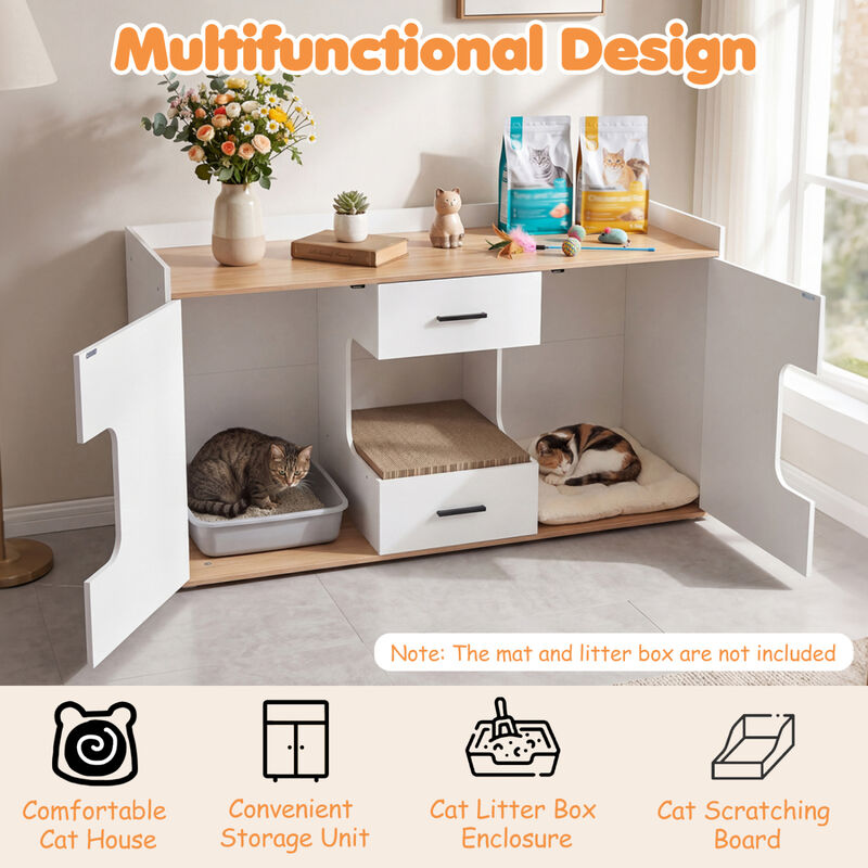Multi Functional Wooden Cat House Cabinet with Wide Top 2 Drawers and 2 Door Storage for Cats image number 4