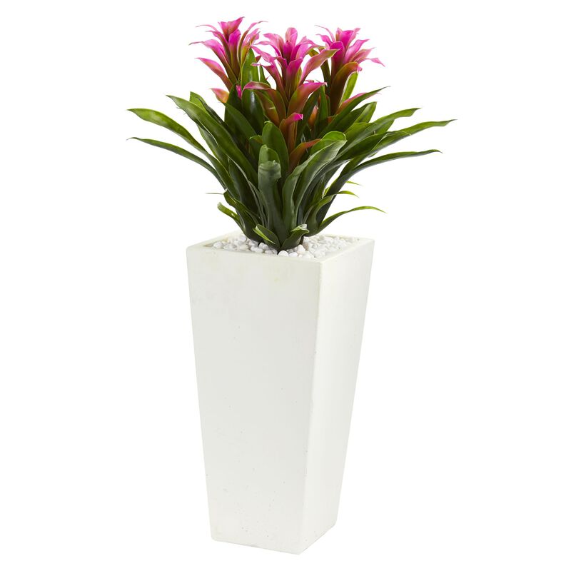 Hivvago Triple Bromeliad Artificial Plant in White Tower Planter - Purple