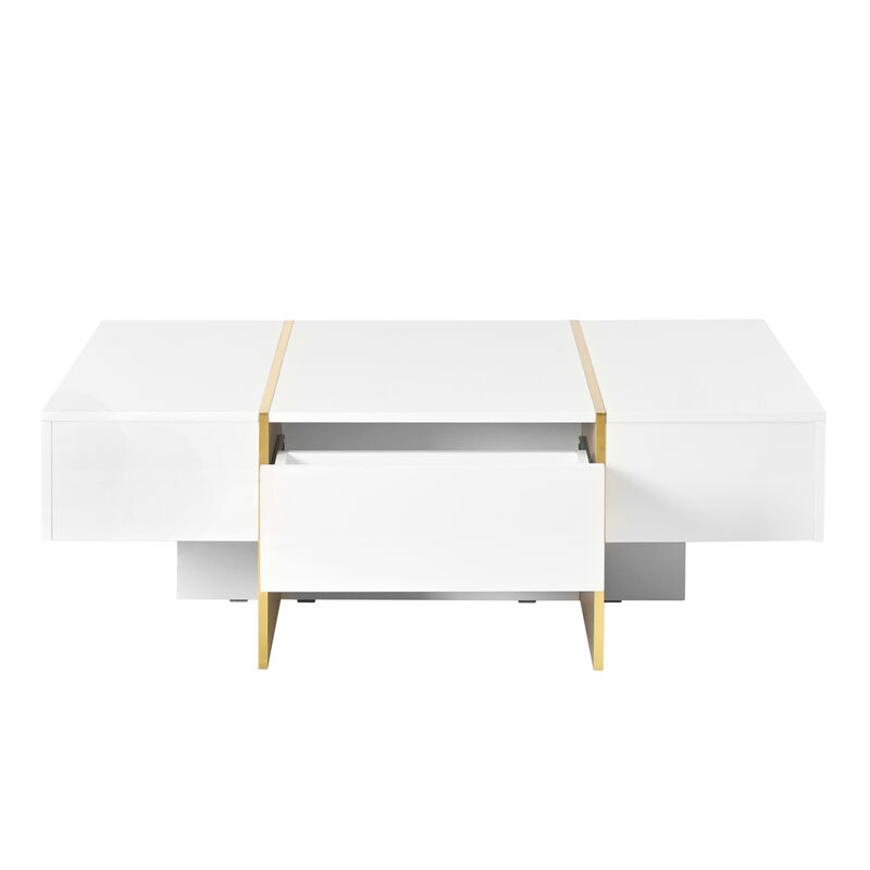 Clihome 47.2'' x 31.4''Minimalist High Gloss Coffee Table with 2 Drawers, Multi-Storage Rectangle Sofa Table with Golden Wood Grain Legs, Modern Center Table for Living Room