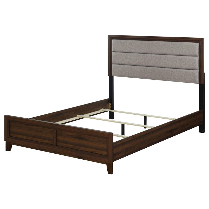 Yels King Size Bed, Gray Channel Tufted Upholstery, Walnut Brown Wood