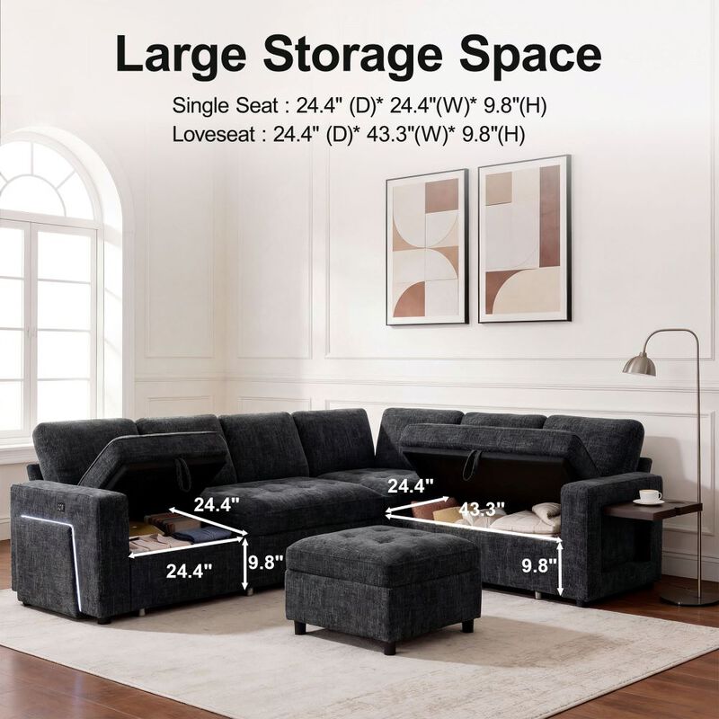 102" L-Shaped Chenille Modular Sectional Sleeper Sofa with Pullout Bed, Reclining Backrest, USB image number 3