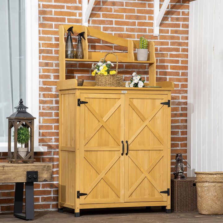 Outdoor Storage Cabinet & Potting Table, Wooden Gardening Bench with Patio Cabinet and Magnetic Doors, Yellow