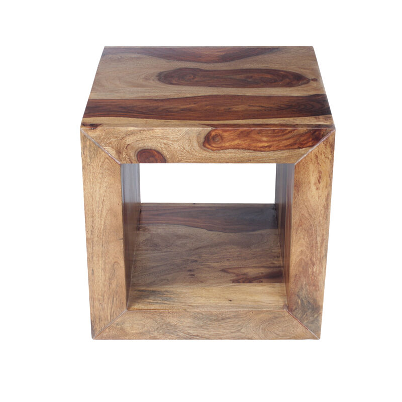 16 Inch Cube Shape Rosewood Side Table With Cutout Bottom, Brown