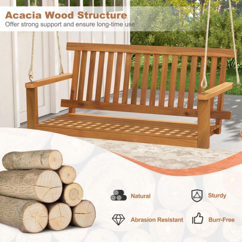Hivvago 2-Seat Acacia Wood Porch Swing Bench with 2 Hanging Hemp Ropes