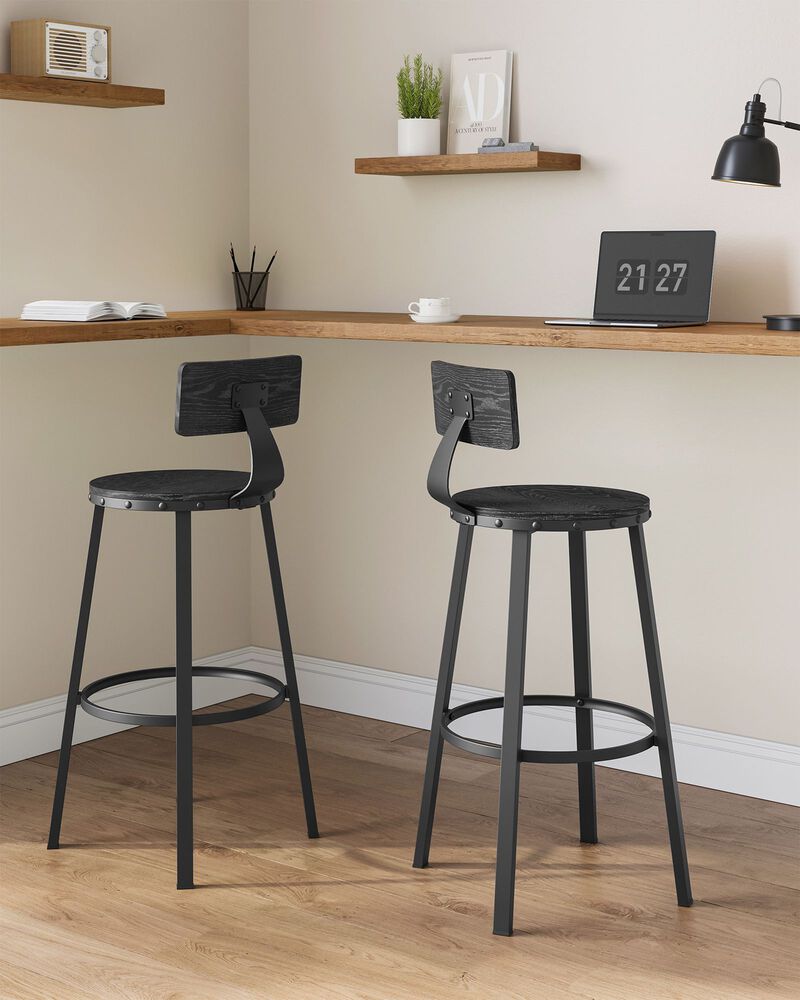 Set of 2 Tall Bar Stools with Backrest &ndash; Heavy-Duty Steel Frame for Kitchen