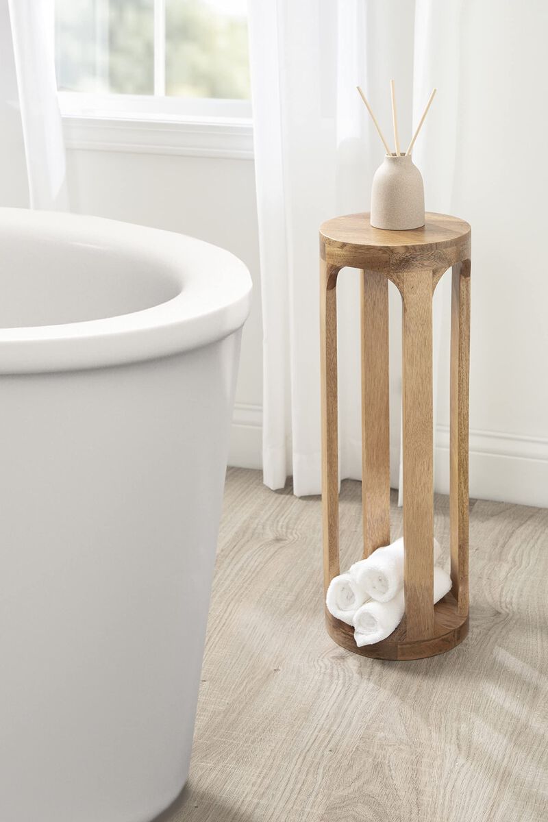 Kate and Laurel Dahl Wooden Round Drink Table, 12 x 23, Natural Brown, Transitional Boho Circle Wood Accent Pedestal Table for L