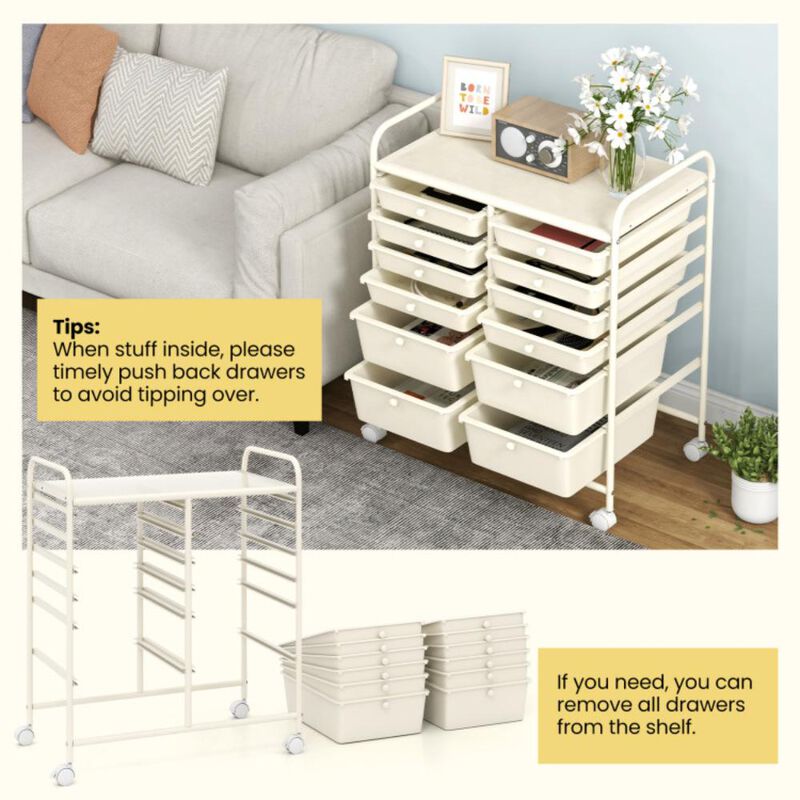 Hivvago 12-Drawer Rolling Storage Cart with Removable Drawers and Lockable Wheels-Rose Red