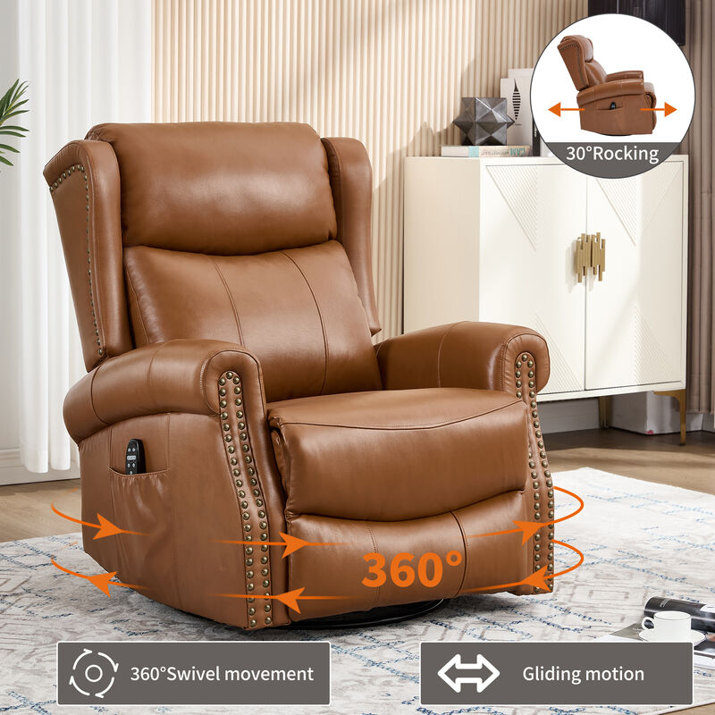 Genuine leather Heat Massage Manual Recliner Chair with Rocker and Swivel for Living Room image number 5