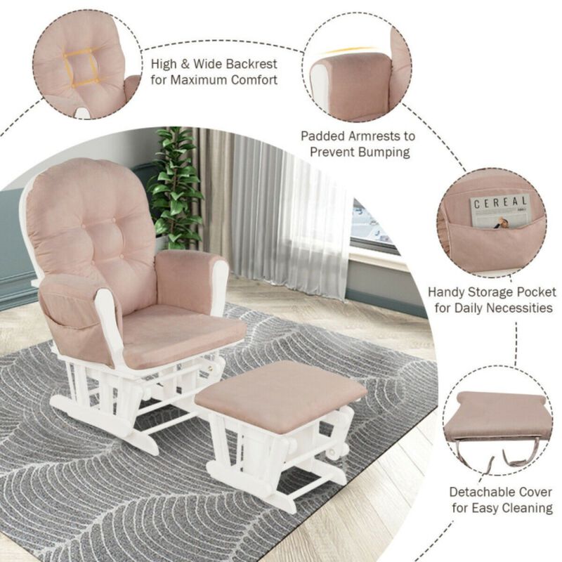 Hivvago Wood Glider and Ottoman Set with Padded Armrests and Detachable Cushion-Brown