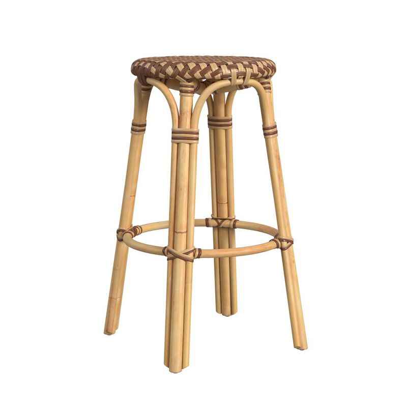 Butler Specialty Tobias Round Rattan 30 Bar Stool, Brown and Tan Dot