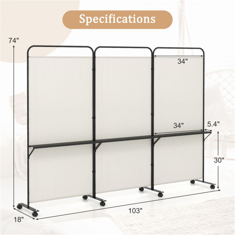 Office & Home Folding Divider &ndash; 3 Panels with Lockable Wheels and Metal Shelves image number 3