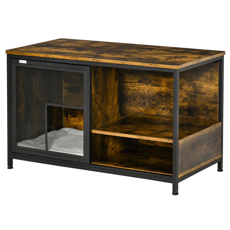 Rustic Brown Pet House: Cat Kennel End Table with Sliding Doors image number 0
