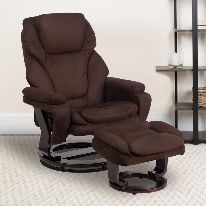 Flash Furniture Austin Contemporary Multi-Position Recliner and Ottoman with Swivel Mahogany Wood Base in Brown Microfiber