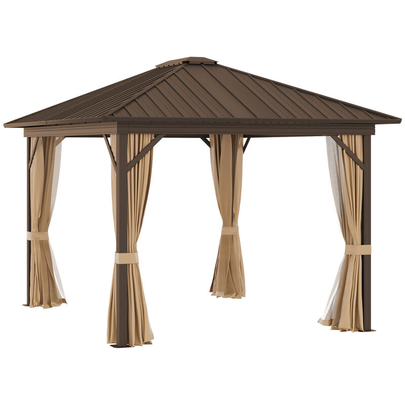 Outsunny 10' x 12' Hardtop Gazebo Canopy with Galvanized Steel Roof, Aluminum Frame, Permanent Pavilion with Top Hook, Netting and Curtains for Patio, Garden, Backyard, Deck, Lawn, Light Brown