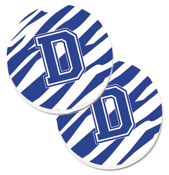 Caroline's Treasures Monogram Initial D Tiger Stripe Blue & White Set of 2 Cup Holder Car Coasters CJ1034-DCARC, 2.56, Multicolor