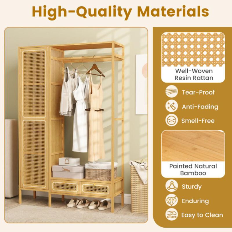 Hivvago Bamboo Clothing Rack with Cabinet and Drawers and Hanging Rod