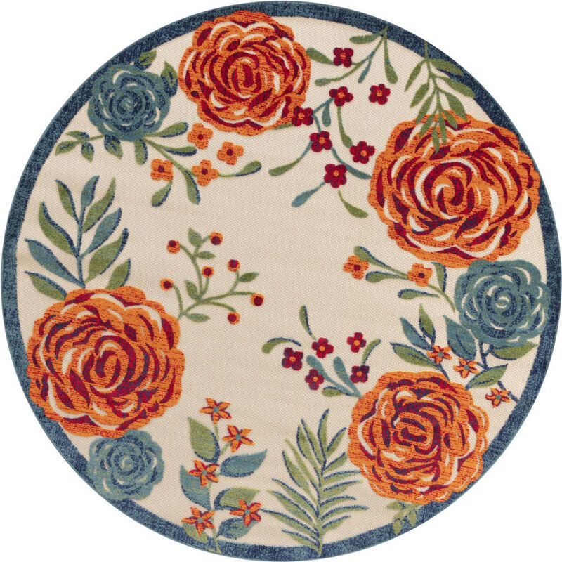 HomeRoots 5' Ivory Orange Blue And Green Round Floral Indoor Outdoor Area Rug image number 0