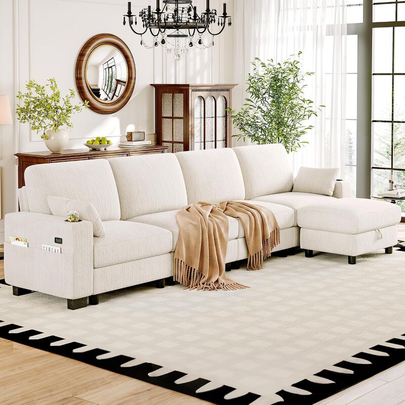 Vipbear 128 Inch Modular Sectional Sofa, Comfy Chenille 5 Seater L Shaped Cloud Couch with Ottoman image number 9