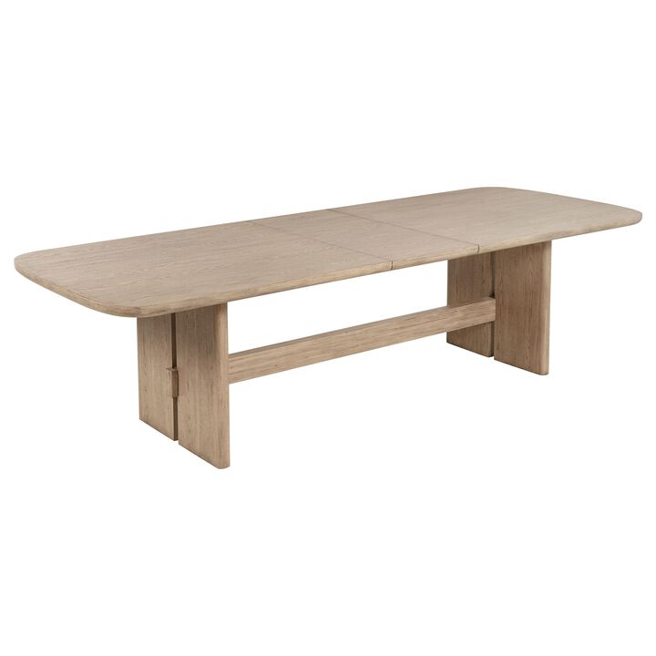 Lno Dining Table, 92-110 Inch Extendable Leaf Top, Oak Beige Hardwood - Benzara
