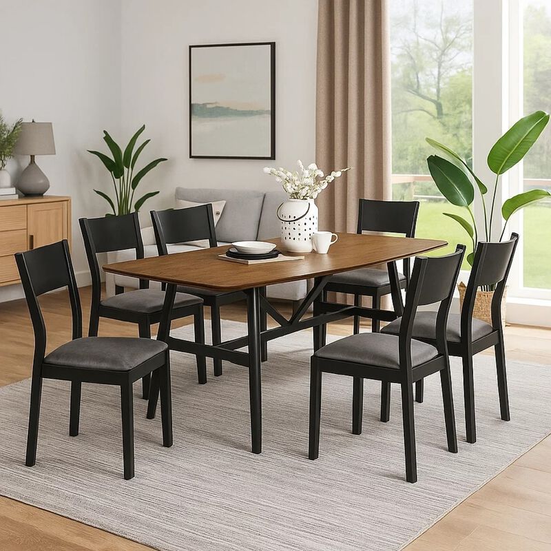 Riera 7pc Dining Table Set with Planked Top, 6 Faux Leather Chairs image number 6
