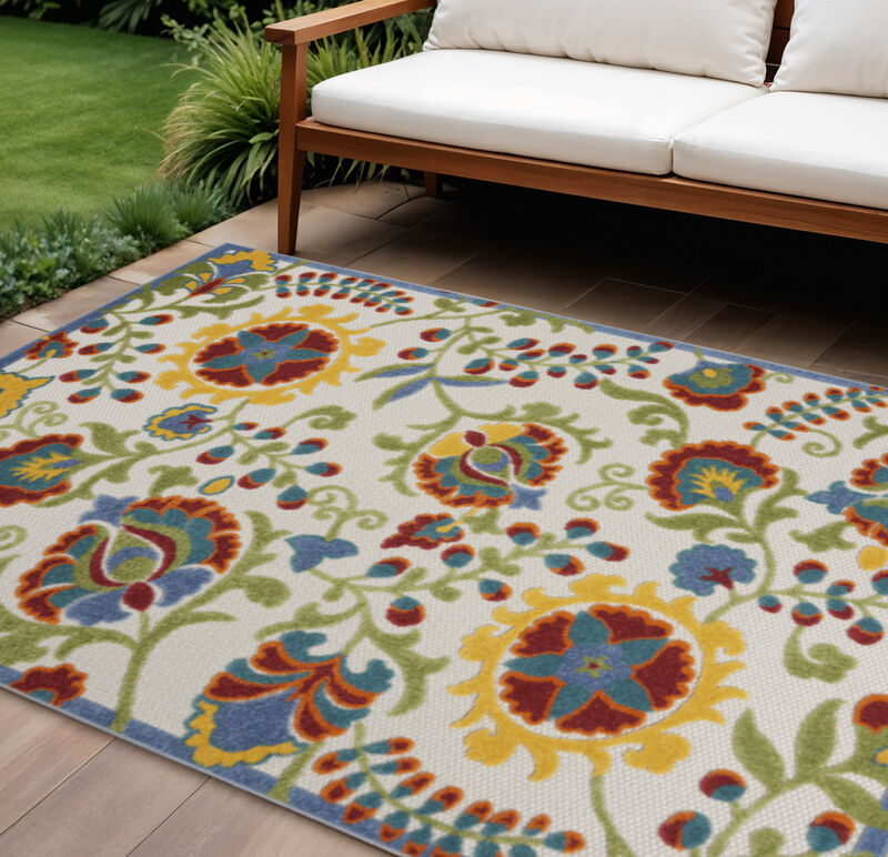 HomeRoots 8' X 11' Green Red Ivory And Yellow Floral Indoor Outdoor Area Rug image number 1