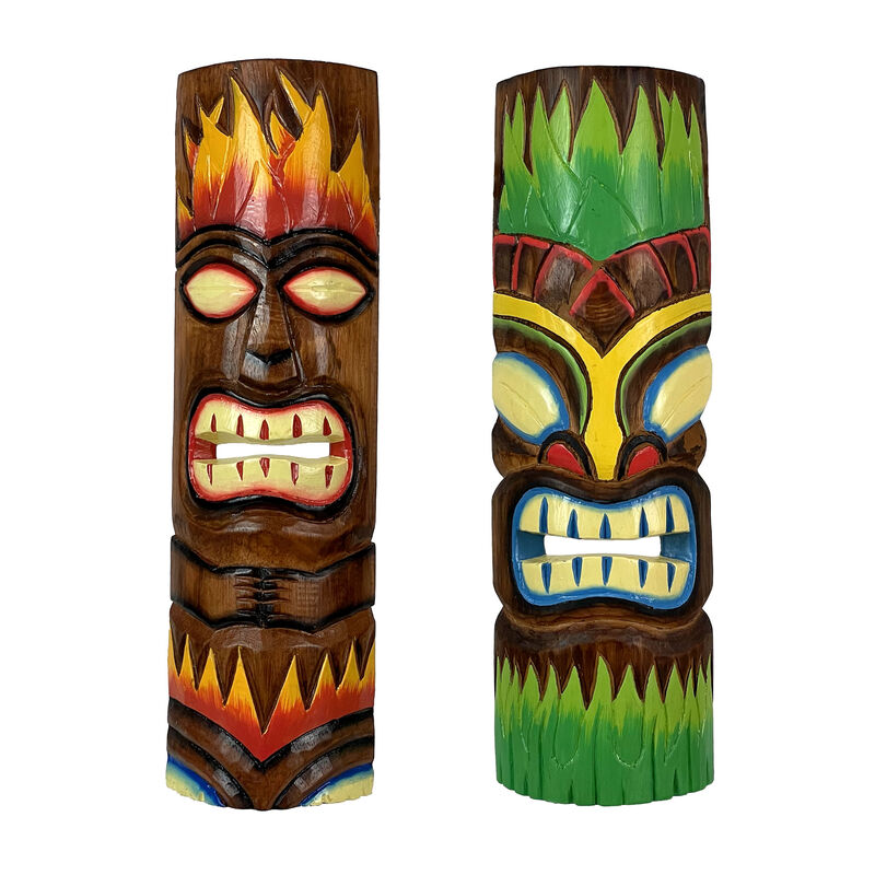 Fire and Earth Hand Crafted Wooden Tiki Totem Wall Masks 20 Inch Set of 2 image number 0