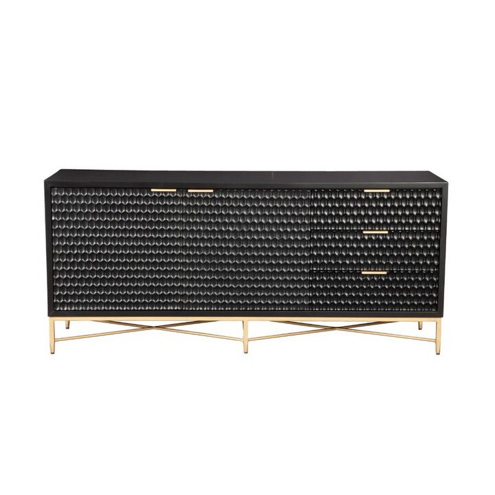 Rexi 64 Inch TV Media Entertainment Center Console, 3 Drawers, Black, Gold - Benzara