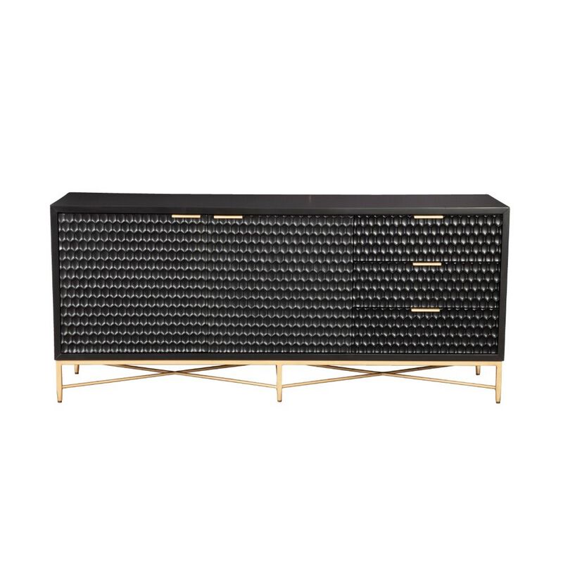 Rexi 64 Inch TV Media Entertainment Center Console, 3 Drawers, Black, Gold - Benzara