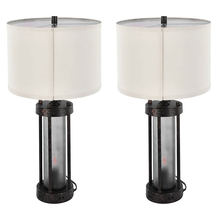 Farmhouse Bedside Table Lamps Set of 2 with Linen Shades, USB Charging Ports & AC Outlet