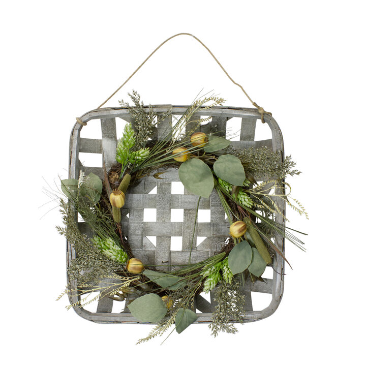 16 Autumn Harvest Green Hop and Cattail Grapevine Wreath in a Wooden Tray Hanger