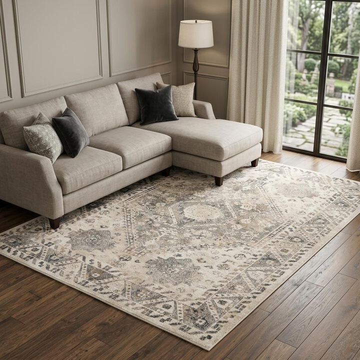 HomeRoots Cream and Gray Floral Distressed Area Rug