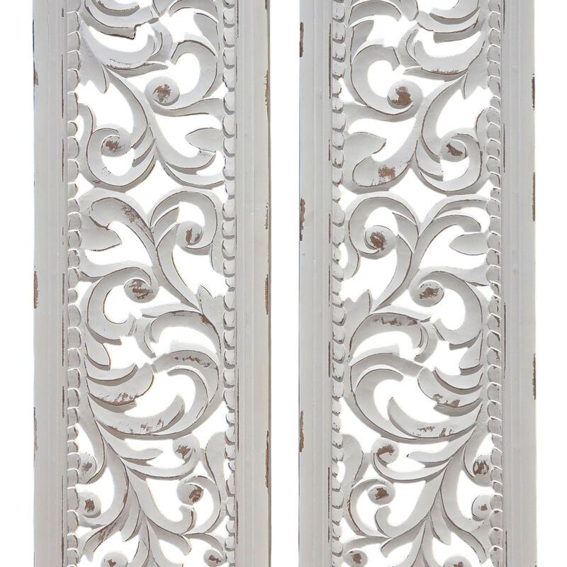 Ozy Carved Wall Art Panel Set of 2, Handcrafted Distressed White Mango Wood, 50 Inch Tall