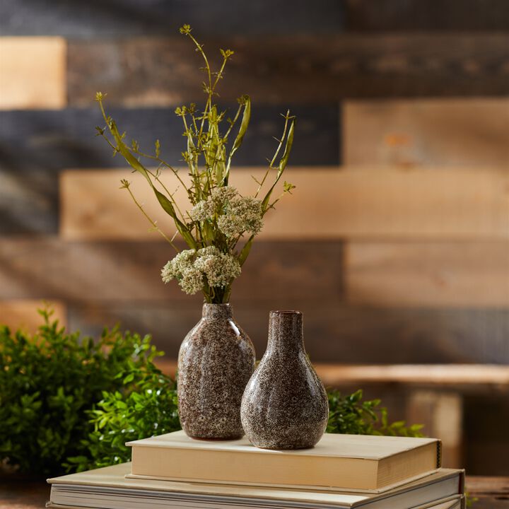 Set of 2 Speckled Ceramic Bottle Vases for Tabletop, Shelf, or Mantel Styling