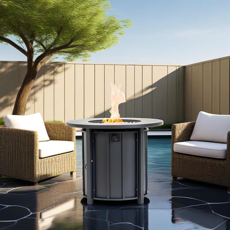 30" Propane Gas Fire Pit Table, 50000 BTU Round Steel Fire Pit With Wood Grain Ceramic Table Top