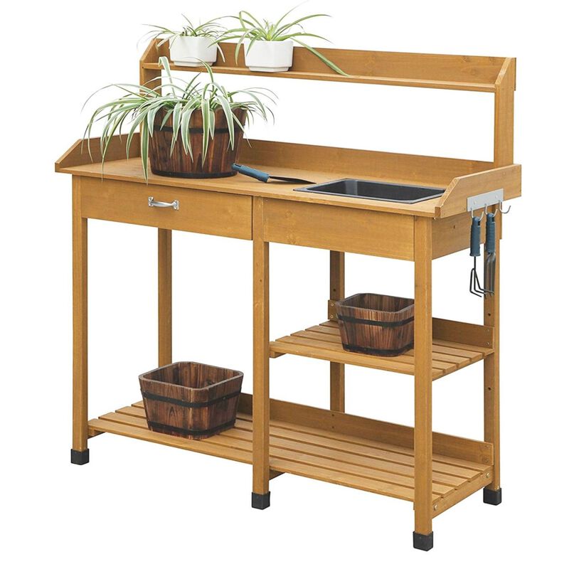 QuikFurn Outdoor Garden Wood Potting Bench Work Table with Sink in Light Wood Finish