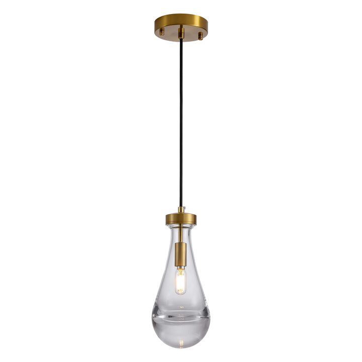 Adoncia 1 Light 5" Brushed Shiny Brass Clear Raindrop Glass Shade Pendant Chandelier