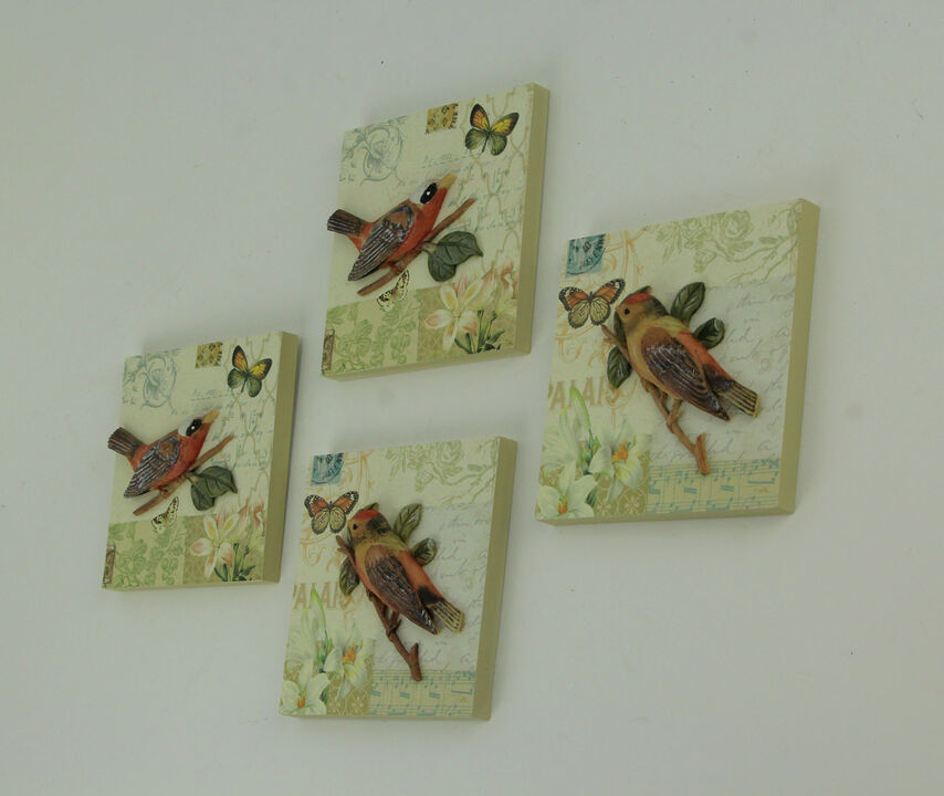 Colorful 3D Birds On Branches Polyresin Wall Decor Set of 4