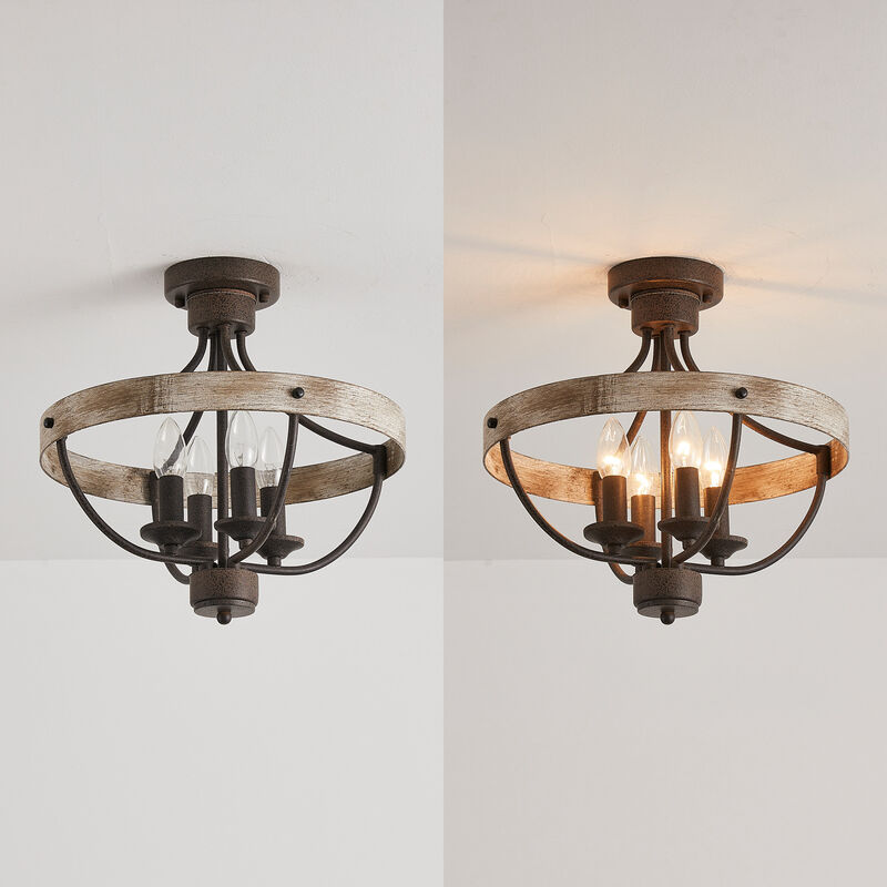 4-Light Rusted Brown Wheel Wood Semi-Flush Mount Ceiling Light