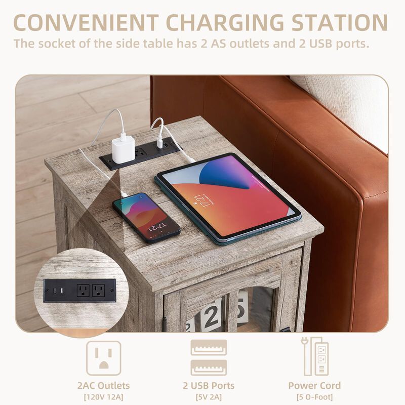 Narrow Side Table Set of 2,Farmhouse Nightstand with Charging Station,End Table with Glass Barn Door Storage, Cabinet Organizer