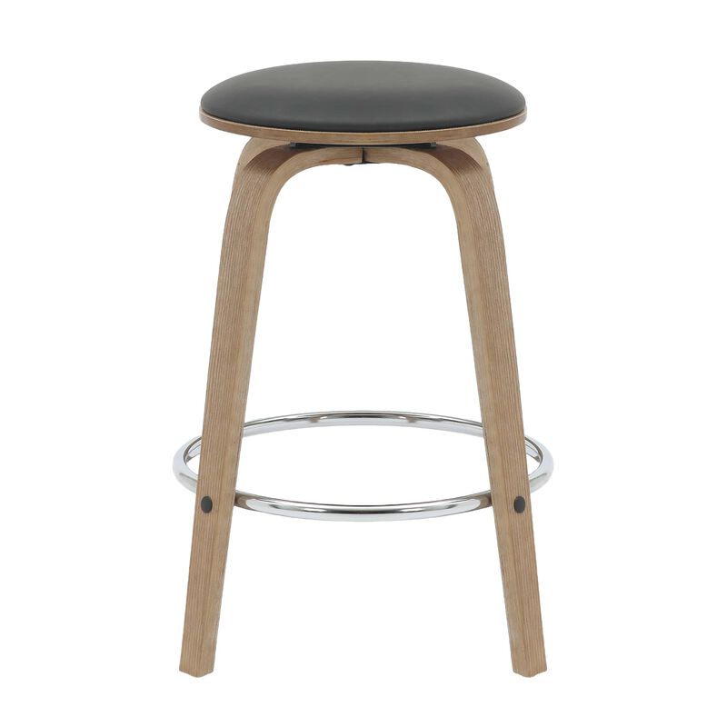 LeisureMod Counter Stool Upholstered in Leather with Stained Poplar Wood Frame & Chrome Iron Footrest with 360-Degree Swivel for Modern Home, Kitchen, Bars, Cafes Pelya Collection