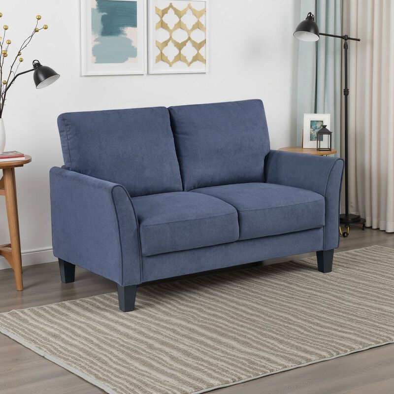 Xumo Loveseat, Blue Fabric, 56 Inch, Black Tapered Wood Legs - Benzara