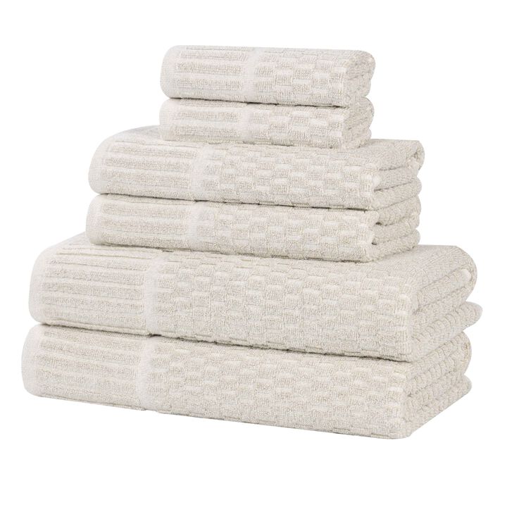 Cotton Blend Bathroom Towel Set with Checkered Pattern and Ribbed Border Design