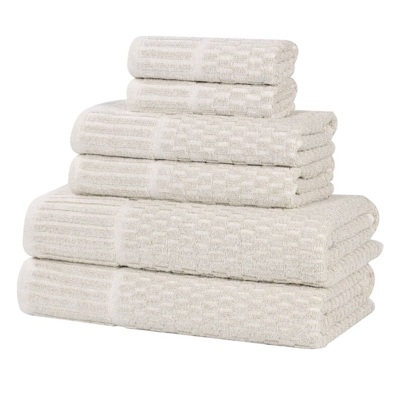 Cotton Blend Bathroom Towel Set with Checkered Pattern and Ribbed Border Design image number 0